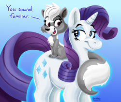 Size: 1280x1082 | Tagged: safe, artist:ceruleanazura, derpibooru import, rarity, pony, skunk, unicorn, animal, blue background, crossover, cute, female, littlest pet shop, looking at each other, looking at someone, pepper clark, simple background, sitting on pony, smiling, text, voice actor joke