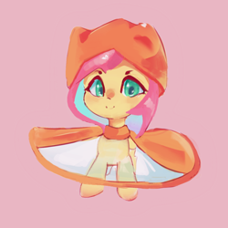 Size: 980x981 | Tagged: safe, artist:rainsketch, derpibooru import, fluttershy, pegasus, pony, female, folded wings, hood, looking at you, pink background, raincoat, simple background, smiling, smiling at you, solo, standing, wings