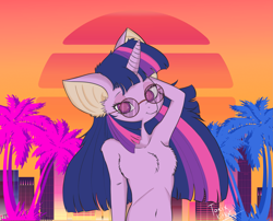 Size: 2777x2245 | Tagged: safe, artist:toxix kitkat, derpibooru import, twilight sparkle, unicorn twilight, anthro, unicorn, abstract background, adorasexy, arm behind head, belly button, chest fluff, cute, female, glasses, looking at you, mare, palm tree, retro, retrowave, rio de janeiro, sexy, solo, synthwave, tree