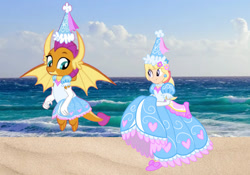 Size: 1384x969 | Tagged: safe, artist:boogeyboy1, derpibooru import, megan williams, smolder, dragon, human, beach, beautiful, bow, clothes, crossover, cute, dragoness, dress, duo, duo female, female, froufrou glittery lacy outfit, gloves, hair bow, happy, hat, hennin, long gloves, looking at each other, looking at someone, megandorable, ocean, pretty, princess, princess smolder, sand, smiling, smiling at each other, smolderbetes, water