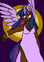 Size: 1420x2000 | Tagged: safe, artist:xxg0d34terxx, derpibooru import, twilight sparkle, human, alicorn humanization, bracelet, clothes, dark skin, dress, eared humanization, female, horn, horned humanization, humanized, jewelry, side slit, solo, tail, tailed humanization, winged humanization, wings