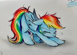 Size: 2047x1468 | Tagged: safe, artist:liaaqila, derpibooru import, rainbow dash, pegasus, pony, behaving like a cat, cute, dashabetes, iwtcird, meme, ponified animal photo, simple background, solo, stretching, traditional art, white background