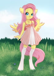 Size: 2480x3508 | Tagged: safe, artist:chickenbrony, artist:cloud_up, derpibooru import, fluttershy, anthro, pegasus, unguligrade anthro, collaboration, clothes, cute, dress, female, high res, jewelry, kneesocks, looking at you, mare, outdoors, pendant, socks, solo, spread wings, stockings, sundress, thigh highs, wings