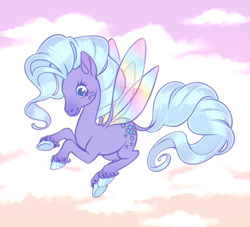 Size: 1100x1000 | Tagged: oc name needed, safe, artist:generalghosty, derpibooru import, oc, flutter pony, pony, g1, cloud, eyelashes, female, flying, hooves, mare, sky, smiling, solo, tail, wings