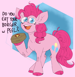 Size: 1832x1885 | Tagged: safe, artist:cinnamonsparx, derpibooru import, pinkie pie, earth pony, pony, bag, hoof hold, meme, paper bag, raised hoof, raised leg, solo