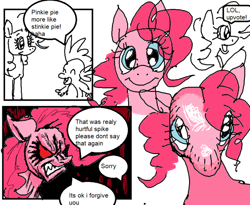 Size: 640x524 | Tagged: safe, artist:dhovorei, derpibooru import, pinkie pie, spike, dragon, earth pony, pony, >:), angry, blue eyes, comic, duo, ears back, ms paint, red eyes, shadow, simple background, smiley face, speech bubble, stylistic suck