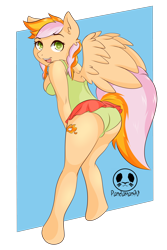 Size: 2894x4341 | Tagged: safe, artist:panda-man90, derpibooru import, cheerilee, spitfire, oc, oc:learning curve, anthro, earth pony, pegasus, unguligrade anthro, blue background, butt, clothes, commissioner:bigonionbean, cutie mark, female, fusion, fusion:learning curve, looking at you, looking back, looking back at you, looking over shoulder, mare, one-piece swimsuit, open mouth, pigtails, simple background, skirt, skirt lift, swimsuit, transparent background, wings, writer:bigonionbean