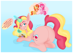 Size: 7072x5152 | Tagged: safe, artist:moonsacher, derpibooru import, pinkie pie, sunset shimmer, oc, oc:sunbutter cookies, earth pony, pony, unicorn, bag, butt, butt shake, candy, commissioner:bigonionbean, cookie, cutie mark, dialogue, eating, female, flank, food, fusion, fusion:sunbutter cookies, horn, looking at you, lying down, magic, mare, pinkie sense, plot, prone, sweets, thought bubble, writer:bigonionbean