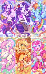 Size: 1286x2048 | Tagged: safe, artist:千雲九枭, derpibooru import, applejack, fluttershy, pinkie pie, rainbow dash, rarity, twilight sparkle, alicorn, earth pony, pegasus, pony, unicorn, clothes, collar, female, flower, flower in hair, looking at you, mane six, mare, one eye closed, pantyhose, patch, pillow, rose, socks