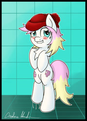 Size: 1500x2100 | Tagged: safe, artist:nerow94, derpibooru import, oc, oc only, pony, bipedal, blushing, chest fluff, female, hat, solo