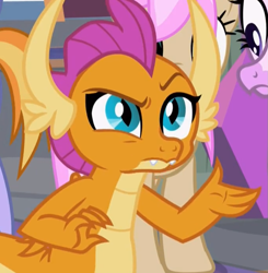 Size: 849x866 | Tagged: safe, derpibooru import, screencap, silverstream, smolder, classical hippogriff, dragon, hippogriff, school raze, cropped, raised eyebrow, solo focus