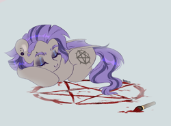 Size: 1365x1006 | Tagged: source needed, safe, artist:chopa, derpibooru import, oc, oc only, oc:poisoned calluna, bat, bat pony, pony, ear piercing, eyebrow piercing, female, gray background, paintbrush, pentagram, piercing, simple background, sleeping, solo