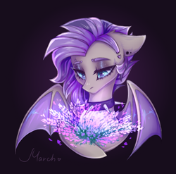 Size: 2455x2427 | Tagged: safe, artist:march, derpibooru import, oc, oc only, oc:poisoned calluna, bat, bat pony, pony, collar, ear piercing, eyebrow piercing, female, flower, piercing, solo, spiked collar