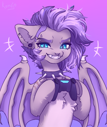 Size: 3000x3542 | Tagged: safe, artist:konejo, derpibooru import, oc, oc only, oc:poisoned calluna, bat, bat pony, pony, chest fluff, collar, controller, ear fluff, ear piercing, ears, eyebrow piercing, fangs, female, piercing, smiling, solo, spiked collar, spread wings, wings