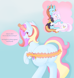 Size: 6419x6777 | Tagged: safe, artist:moonsacher, derpibooru import, fleur-de-lis, sassy saddles, oc, oc:exquisite attire, pony, unicorn, blushing, butt, commissioner:bigonionbean, crying, cutie mark, dialogue, embarrassed, female, flank, fusion, fusion:exquisite attire, hug, hugging a pony, large butt, magic, mare, measuring tape, plot, shocked, thought bubble, writer:bigonionbean