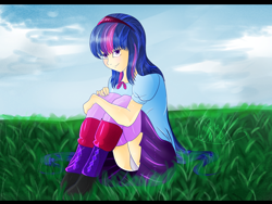 Size: 1200x900 | Tagged: safe, artist:umimizunone, derpibooru import, twilight sparkle, human, equestria girls, clothes, female, grass, human coloration, panties, socks, solo, stockings, thigh highs, underwear