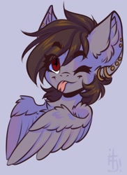 Size: 1489x2047 | Tagged: safe, artist:falafeljake, derpibooru import, oc, oc only, pegasus, ;p, bust, cute, ear piercing, forked tongue, ocbetes, one eye closed, piercing, solo, tongue, tongue out, wings, wink