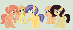 Size: 1280x537 | Tagged: safe, artist:dawnthebarrel, artist:elementbases, derpibooru import, oc, oc only, oc:apple rose, oc:archer, oc:crystal, oc:orchid dawn, oc:peach, earth pony, pegasus, pony, base used, female, freckles, green background, half-siblings, offspring, parent:big macintosh, parent:braeburn, parent:fluttershy, parent:king sombra, parents:braeshy, parents:flutterflash, parents:fluttermac, parents:sombrashy, siblings, simple background, sisters