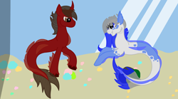 Size: 1800x1000 | Tagged: safe, artist:ahaintthatbad, derpibooru import, oc, oc only, hybrid, merpony, pony, seapony (g4), unicorn, annoyed, dorsal fin, female, fins, fish tail, flowing mane, horn, looking at each other, looking at someone, male, mare, seaponified, smiling, species swap, stallion, tail, teeth, underwater, water