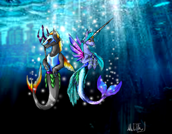 Size: 1860x1454 | Tagged: safe, artist:hills-to-sky, derpibooru import, oc, oc only, hybrid, merpony, pony, seapony (g4), unicorn, armor, bubble, crepuscular rays, digital art, dorsal fin, female, fins, fish tail, guard, helmet, horn, jewelry, long horn, male, mare, mermaid tail, necklace, ocean, pearl necklace, signature, stallion, sunlight, tail, trident, underwater, water