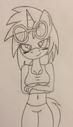 Size: 1690x2959 | Tagged: safe, artist:lunahazacookie, derpibooru import, dj pon-3, vinyl scratch, anthro, clothes, crossed arms, eyelashes, female, lineart, smiling, solo, sunglasses, traditional art