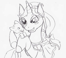 Size: 800x710 | Tagged: safe, artist:binikastar, derpibooru import, oc, cat, pony, unicorn, bow, duo, eyelashes, female, grin, hat, horn, lineart, mare, smiling, traditional art, unicorn oc