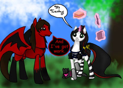 Size: 800x575 | Tagged: safe, artist:binikastar, derpibooru import, oc, oc only, bat pony, pony, unicorn, bat pony oc, bat wings, book, dialogue, duo, female, glowing, glowing horn, horn, magic, male, mare, outdoors, spread wings, stallion, telekinesis, unicorn oc, wings