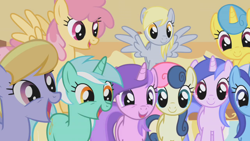 Size: 1280x720 | Tagged: safe, derpibooru import, screencap, amethyst star, bon bon, cloud kicker, derpy hooves, dizzy twister, lemon hearts, lyra heartstrings, minuette, orange swirl, sea swirl, seafoam, sparkler, sweetie drops, earth pony, pegasus, pony, unicorn, applebuck season, season 1, adorabon, background pony, cute, derpabetes, excited, female, happy, implied pinkie pie, lemonbetes, looking at you, lyrabetes, mare, minubetes, seadorable, smiling, spread wings, underp, wings