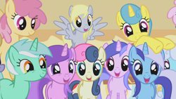 Size: 1280x720 | Tagged: safe, derpibooru import, screencap, amethyst star, bon bon, cloud kicker, derpy hooves, dizzy twister, lemon hearts, linky, lyra heartstrings, minuette, orange swirl, rainbowshine, sea swirl, seafoam, shoeshine, sparkler, sweetie drops, earth pony, pegasus, pony, unicorn, applebuck season, season 1, adorabon, background pony, cute, derpabetes, excited, happy, implied pinkie pie, lemonbetes, looking at you, lyrabetes, minubetes, offscreen character, seadorable, smiling, underp