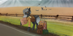 Size: 4134x2039 | Tagged: safe, artist:chrystal2288, derpibooru import, oc, oc only, oc:ashy wings (ice1517), bird, pegasus, pony, bag, clothes, commission, compass, female, fence, food, grass, hitchhiking, map, mare, raised hoof, raised leg, road, saddle bag, scarecrow, shirt, sign, solo, suitcase, wheat, ych result