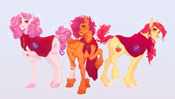 Size: 1295x734 | Tagged: safe, artist:traceofhappiness, artist:traceofstardust, derpibooru import, apple bloom, scootaloo, sweetie belle, earth pony, pegasus, pony, unicorn, alternate cutie mark, alternate hairstyle, bandage, bow, cape, clothes, cmc cape, colored hooves, cutie mark crusaders, eyeshadow, female, freckles, grin, hair bow, hoof fluff, hooves, looking at you, makeup, mare, older, older apple bloom, older cmc, older scootaloo, older sweetie belle, realistic horse legs, scar, simple background, smiling, smiling at you, sparkles, standing, tail, tail wrap, trio, trio female, unshorn fetlocks