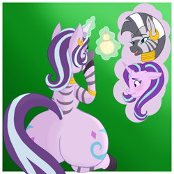 Size: 3543x3543 | Tagged: safe, artist:moonsacher, derpibooru import, starlight glimmer, zecora, oc, oc:voodoo charms, earth pony, pony, unicorn, zebra, blushing, both cutie marks, bracelet, butt, commissioner:bigonionbean, ear piercing, earring, embarrassed, female, flank, food, fruit, fusion, fusion:voodoo charms, huge butt, jewelry, large butt, magic, mare, necklace, pear, pear shaped, piercing, plot, sitting, thought bubble, writer:bigonionbean