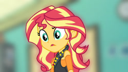 Size: 3416x1920 | Tagged: safe, derpibooru import, edit, edited screencap, editor:itsmgh1203, screencap, sunset shimmer, human, equestria girls, equestria girls series, forgotten friendship, blurry background, breasts, clothes, confused, cutie mark on clothes, female, geode of empathy, high res, jewelry, leather, leather vest, magical geodes, necklace, open mouth, solo, upscaled, vest