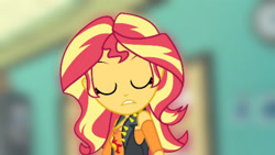 Size: 3416x1920 | Tagged: safe, derpibooru import, edit, edited screencap, editor:itsmgh1203, screencap, sunset shimmer, human, better together, equestria girls, forgotten friendship, blurry background, breasts, clothes, confused, cutie mark on clothes, eyes closed, female, geode of empathy, high res, jewelry, leather, leather vest, magical geodes, necklace, solo, upscaled, vest