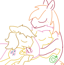 Size: 636x648 | Tagged: safe, alternate version, artist:the weaver, derpibooru import, big macintosh, braeburn, fluttershy, earth pony, pegasus, pony, applecest, braemac, cuddling, eyes closed, female, fluttermac, gay, hug, incest, lineart, male, missing accessory, old art, polyamory, shipping, simple background, smiling, straight, white background