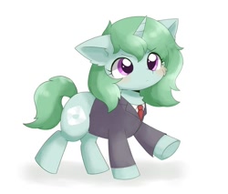 Size: 1200x1021 | Tagged: safe, artist:ginmaruxx, artist:kuzuyukuro, derpibooru import, oc, oc only, oc:kazumi, pony, unicorn, :<, blushing, business suit, cheek fluff, clothes, ear fluff, ears, female, floppy ears, horn, mare, necktie, one ear down, raised hoof, raised leg, simple background, solo, underhoof, walking, white background