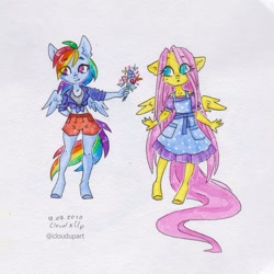 Size: 1200x1200 | Tagged: safe, artist:cloudupart, derpibooru import, fluttershy, rainbow dash, anthro, pegasus, unguligrade anthro, clothes, dress, duo, female, flower, flutterdash, lesbian, shipping, shorts, traditional art