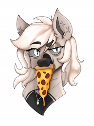 Size: 2048x2732 | Tagged: safe, artist:kittygutzzart, derpibooru import, oc, oc only, oc:devilvoice, bat pony, bat pony oc, ear piercing, eyebrows, eyebrows visible through hair, female, food, jewelry, mare, meat, necklace, pepperoni, pepperoni pizza, piercing, pizza, simple background, slice of pizza, solo, white background