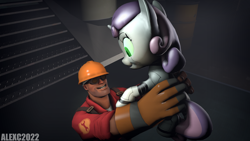 Size: 1920x1080 | Tagged: safe, artist:alexsc112, derpibooru import, sweetie belle, sweetie bot, human, pony, robot, robot pony, unicorn, 3d, crossover, engineer, holding a pony, smiling, source filmmaker, team fortress 2