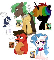 Size: 1368x1519 | Tagged: oc name needed, safe, artist:inkp0ne, derpibooru import, oc, oc only, oc:michel tusche, alicorn, earth pony, pony, unicorn, alicorn oc, black coat, blue mane, blue tail, blushing, bowtie, brown coat, brown mane, clothes, covered eyes, crying, ears, ears up, earth pony oc, glasses, green mane, green tail, hat, horn, multicolored hair, pony town, rainbow hair, random pony, red coat, screencap reference, simple background, spanish text, speech bubble, sweater, tail, teary eyes, unicorn oc, white background, white coat, wings