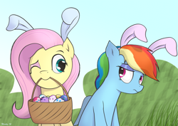 Size: 1754x1240 | Tagged: safe, alternate version, artist:wonkysole, derpibooru import, fluttershy, rainbow dash, pegasus, pony, bunny ears, duo, easter, easter egg, holiday, one eye closed