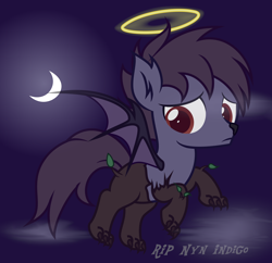 Size: 3530x3420 | Tagged: safe, artist:strategypony, derpibooru import, oc, oc only, oc:nyn indigo, bat pony, hybrid, original species, timber pony, timber wolf, background, bat wings, dead, flying, foal, halo, male, moon, night, rest in peace, text, tribute, wings