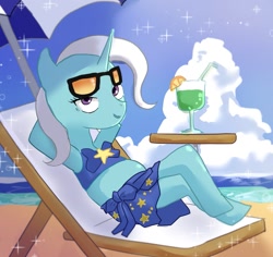 Size: 1489x1408 | Tagged: safe, artist:forest0816, derpibooru import, trixie, pony, semi-anthro, unicorn, beach, clothes, cloud, drink, drinking straw, female, food, glass, horn, lemon, looking at you, mare, outdoors, sarong, sky, solo, sparkles, stars, sunglasses, swimsuit, umbrella