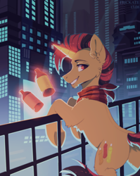 Size: 1356x1704 | Tagged: safe, artist:trickate, derpibooru import, oc, oc only, pony, unicorn, bandana, bottle, city, glowing, glowing horn, horn, looking at you, magic, male, oc name needed, solo, stallion, telekinesis