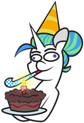 Size: 3900x5707 | Tagged: safe, artist:threetwotwo32232, derpibooru import, oc, oc only, oc:alumx, unicorn, birthday cake, cake, candle, food, hat, male, party hat, party horn, simple background, solo, stallion, transparent background