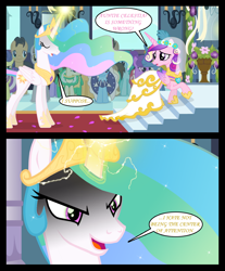 Size: 1280x1545 | Tagged: safe, artist:bigsnusnu, derpibooru import, eclair créme, jangles, princess cadance, princess celestia, alicorn, earth pony, pony, unicorn, comic:dusk shine in pursuit of happiness, candle, clothes, column, crown, dress, evil grin, flower, flower vase, glare, glowing, glowing horn, grin, horn, jewelry, petals, regalia, ribbon, rug, smiling, stairs, wedding dress
