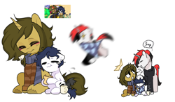 Size: 1478x872 | Tagged: safe, artist:inkp0ne, derpibooru import, oc, oc only, oc:kisho, oc:michel tusche, oc:sagiri himoto, earth pony, pony, unicorn, :o, ^^, black hair, black mane, black tail, blanket, blue hair, blue mane, blue tail, blurr, blushing, bread, brown coat, brown eyes, brown hair, brown mane, chewing, clothes, confused, ears, ears up, earth pony oc, eating, excited, excitement, eyes closed, floppy ears, flower, food, head pat, horn, hug, hugging a pony, mug, open mouth, pat, pony town, red hair, red mane, red tail, rose, running, scarf, screencap reference, simple background, smiling, speech bubble, starry eyes, steam, surprised, sweater, tail, tail wiggle, teary eyes, unicorn oc, unshorn fetlocks, warm, wat, white background, white coat, wide eyes, wingding eyes