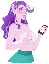 Size: 2300x3000 | Tagged: safe, artist:darthlena, derpibooru import, starlight glimmer, human, equestria girls, bare shoulders, bra, cellphone, clothes, female, phone, simple background, skirt, sleeveless, smartphone, solo, tanktop, transparent background, underwear