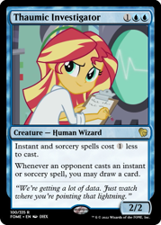 Size: 375x523 | Tagged: safe, derpibooru import, edit, sunset shimmer, equestria girls, the science of magic, ccg, clipboard, clothes, lab coat, magic the gathering, oscilloscope, trading card, trading card edit