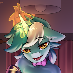 Size: 1228x1228 | Tagged: safe, artist:jedayskayvoker, derpibooru import, guyra, lyra heartstrings, pony, unicorn, advertisement, bowtie, clothes, ear fluff, ears, ears back, eyebrows, glowing, glowing horn, horn, looking at you, lyra, magic, magic aura, male, patreon, patreon preview, raised eyebrow, rule 63, shiny, solo, stallion, telekinesis